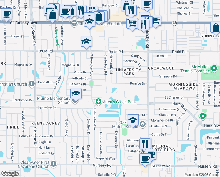 map of restaurants, bars, coffee shops, grocery stores, and more near 1209 Canterbury Road in Clearwater