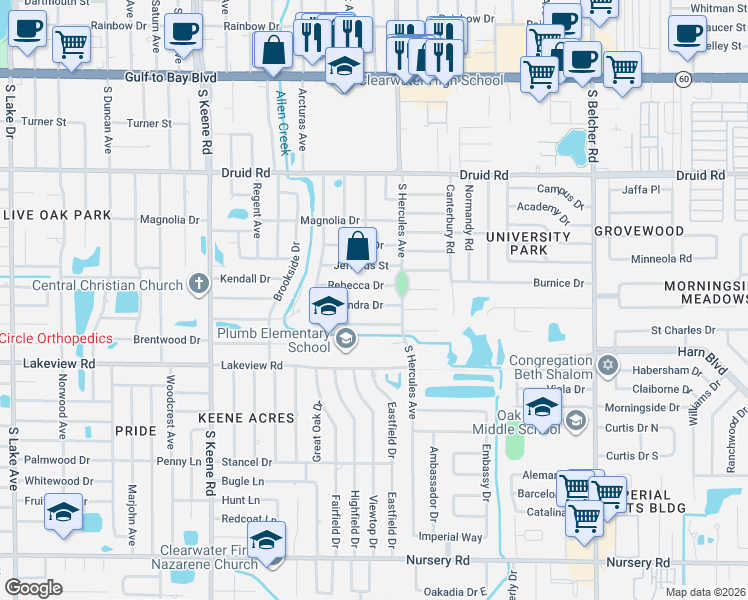 map of restaurants, bars, coffee shops, grocery stores, and more near 1975 Rebecca Drive in Clearwater