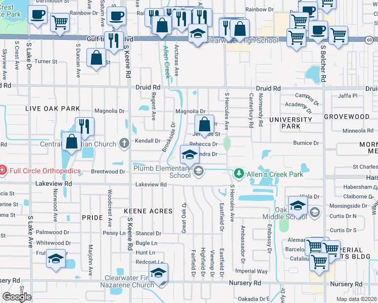 map of restaurants, bars, coffee shops, grocery stores, and more near 1224 Wellington Drive in Clearwater