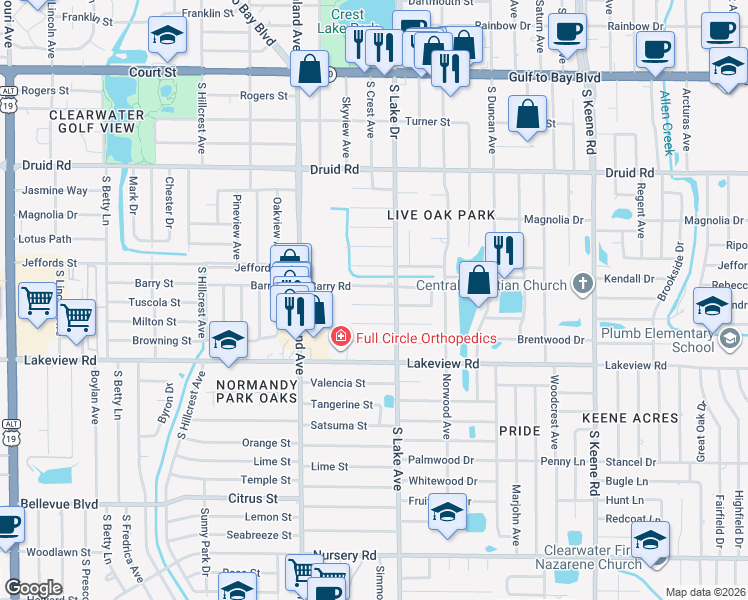 map of restaurants, bars, coffee shops, grocery stores, and more near 1581 Barry Street in Clearwater