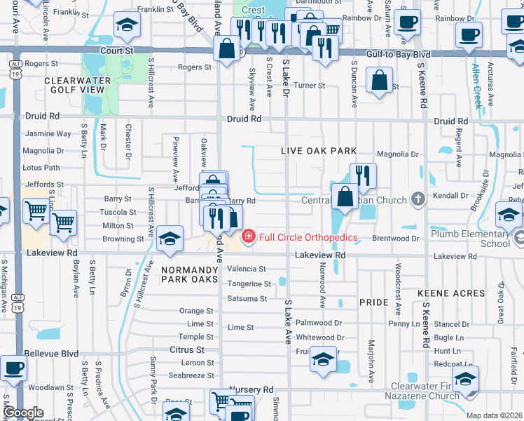 map of restaurants, bars, coffee shops, grocery stores, and more near 1551 Barry Road in Clearwater