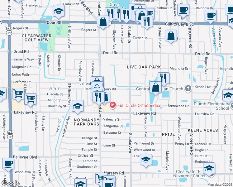 map of restaurants, bars, coffee shops, grocery stores, and more near 1551 Barry Road in Clearwater