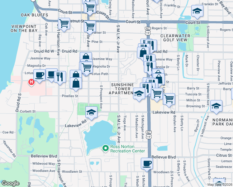 map of restaurants, bars, coffee shops, grocery stores, and more near 1221 Ewing Avenue in Clearwater