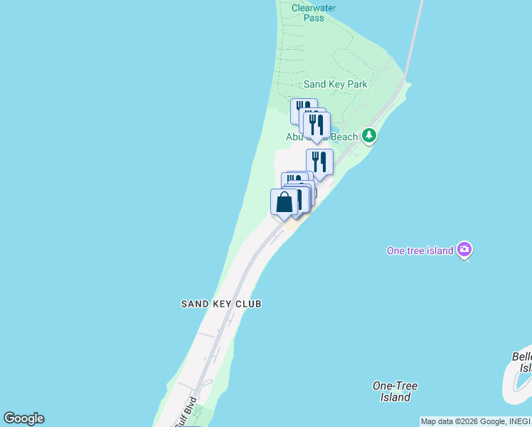 map of restaurants, bars, coffee shops, grocery stores, and more near 1250 Gulf Boulevard in Clearwater