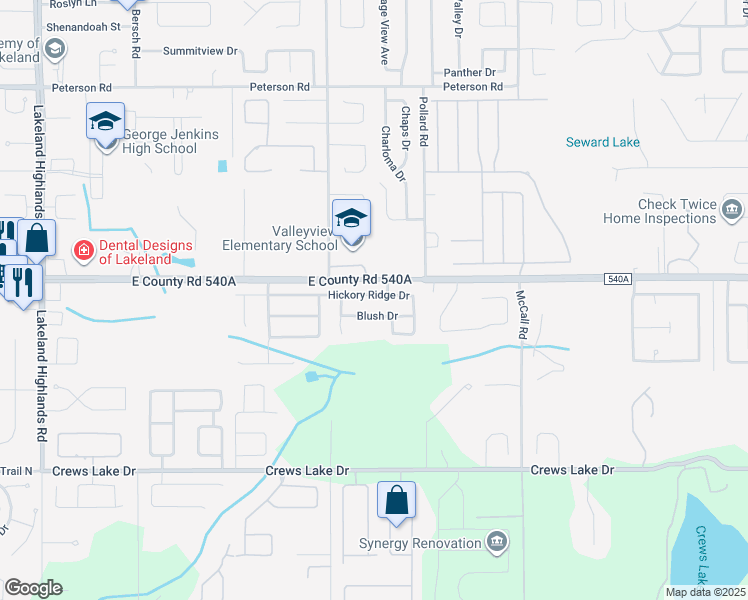 map of restaurants, bars, coffee shops, grocery stores, and more near 2823 Hickory Ridge Drive in Lakeland