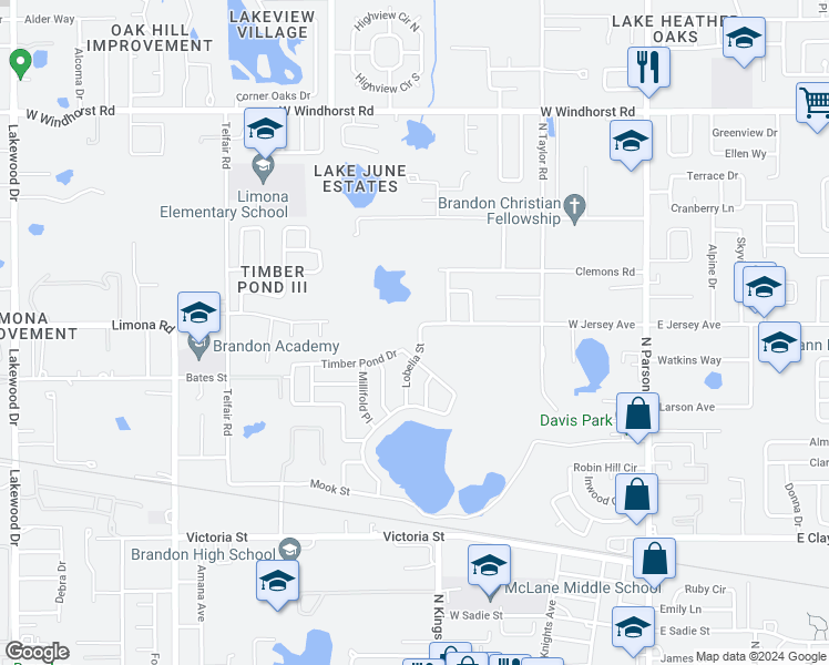 map of restaurants, bars, coffee shops, grocery stores, and more near 806 Lobelia Street in Brandon