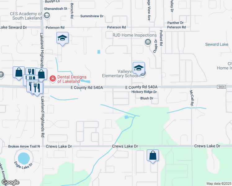 map of restaurants, bars, coffee shops, grocery stores, and more near 2677 Hickory Ridge Drive in Lakeland