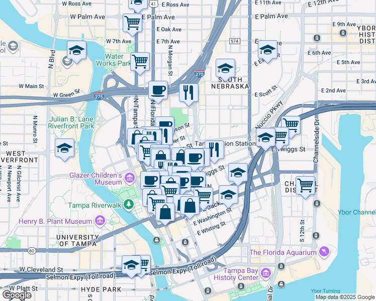 map of restaurants, bars, coffee shops, grocery stores, and more near 603 East Cass Street in Tampa