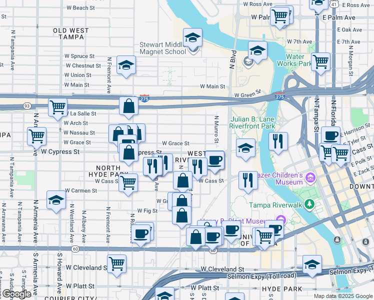 map of restaurants, bars, coffee shops, grocery stores, and more near 1114 West Grace Street in Tampa