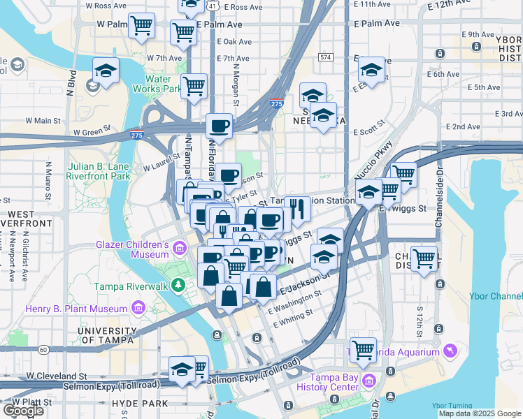 map of restaurants, bars, coffee shops, grocery stores, and more near 603 East Cass Street in Tampa