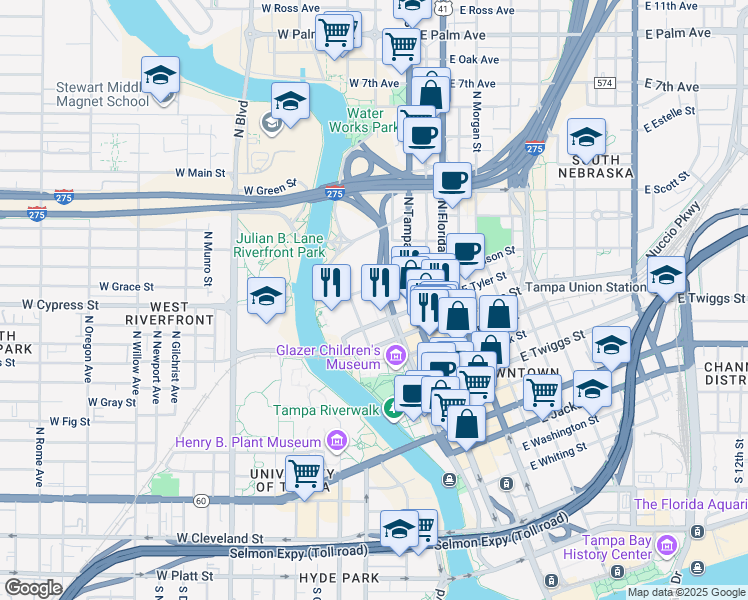 map of restaurants, bars, coffee shops, grocery stores, and more near 1000 North Ashley Drive in Tampa