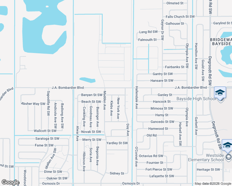 map of restaurants, bars, coffee shops, grocery stores, and more near 711 Banyan Street Southwest in Palm Bay