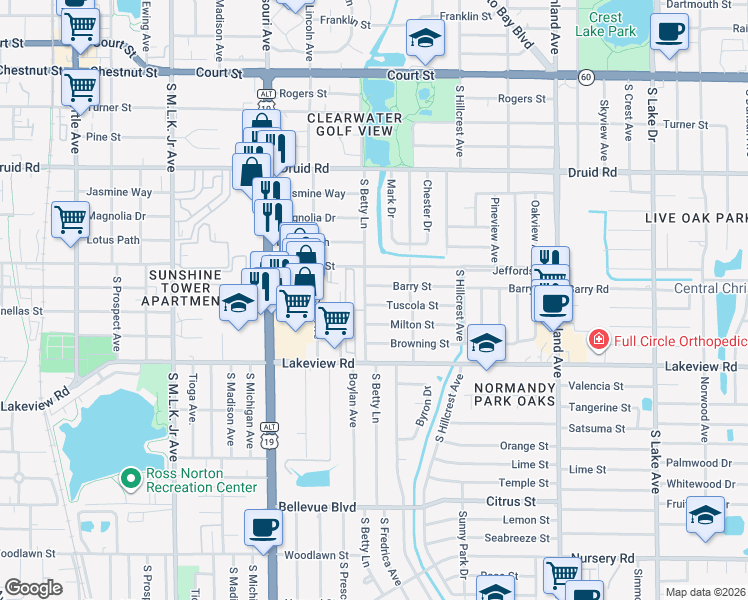 map of restaurants, bars, coffee shops, grocery stores, and more near 1304 Tuscola Street in Clearwater