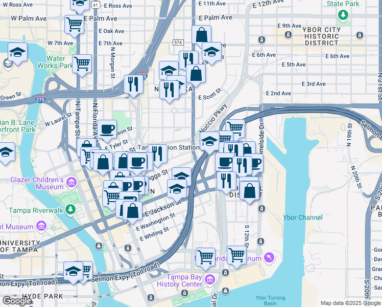 map of restaurants, bars, coffee shops, grocery stores, and more near 856 East Zack Street in Tampa