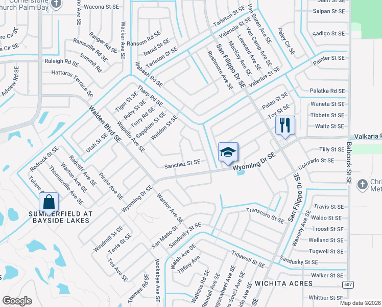 map of restaurants, bars, coffee shops, grocery stores, and more near 1786 Sand Road Southeast in Palm Bay