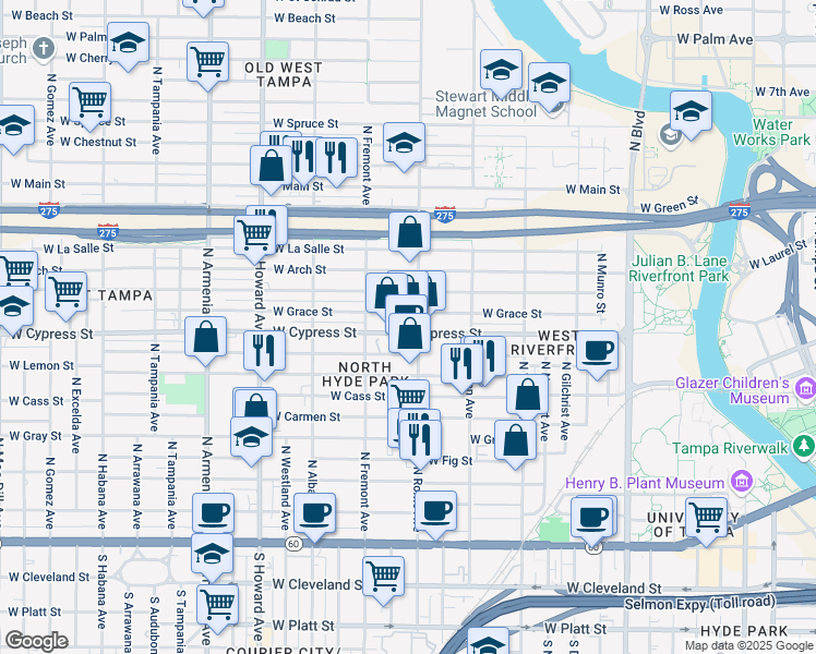 map of restaurants, bars, coffee shops, grocery stores, and more near 1708 West Grace Street in Tampa