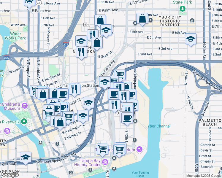 map of restaurants, bars, coffee shops, grocery stores, and more near E Twiggs St & N Meridian Ave in Tampa