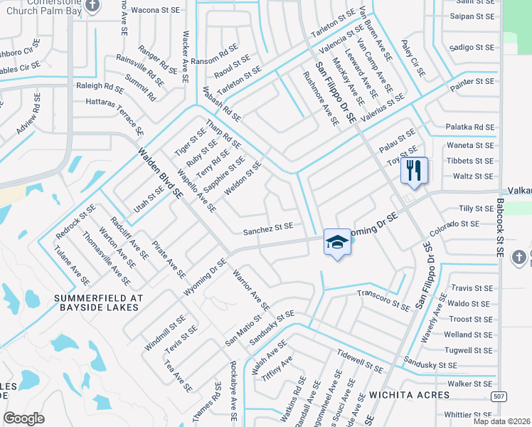 map of restaurants, bars, coffee shops, grocery stores, and more near 1295 Sykes Road Southeast in Palm Bay