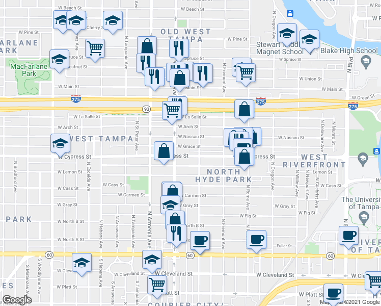 map of restaurants, bars, coffee shops, grocery stores, and more near 2128 West Grace Street in Tampa