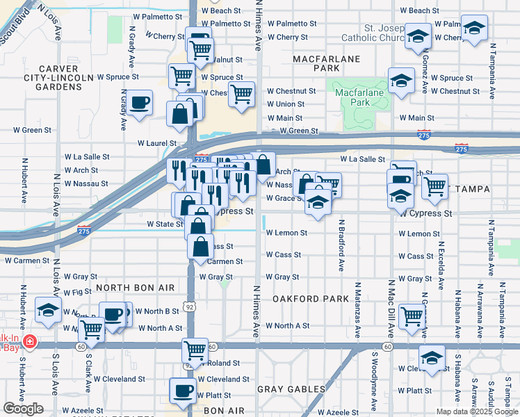 map of restaurants, bars, coffee shops, grocery stores, and more near 3518 West Grace Street in Tampa