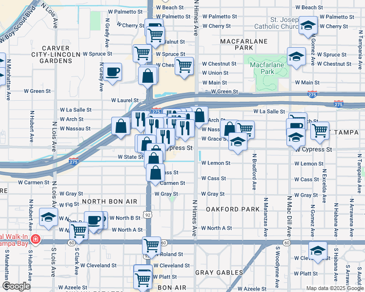 map of restaurants, bars, coffee shops, grocery stores, and more near 3629 West Cypress Street in Tampa