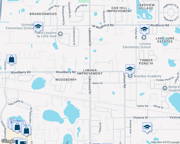 map of restaurants, bars, coffee shops, grocery stores, and more near Woodberry Rd & Lakewood Dr in Brandon