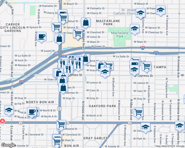 map of restaurants, bars, coffee shops, grocery stores, and more near 3408 West Grace Street in Tampa