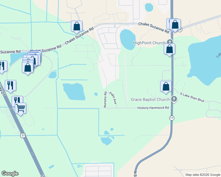 map of restaurants, bars, coffee shops, grocery stores, and more near 2626 Nursery Road in Lake Wales