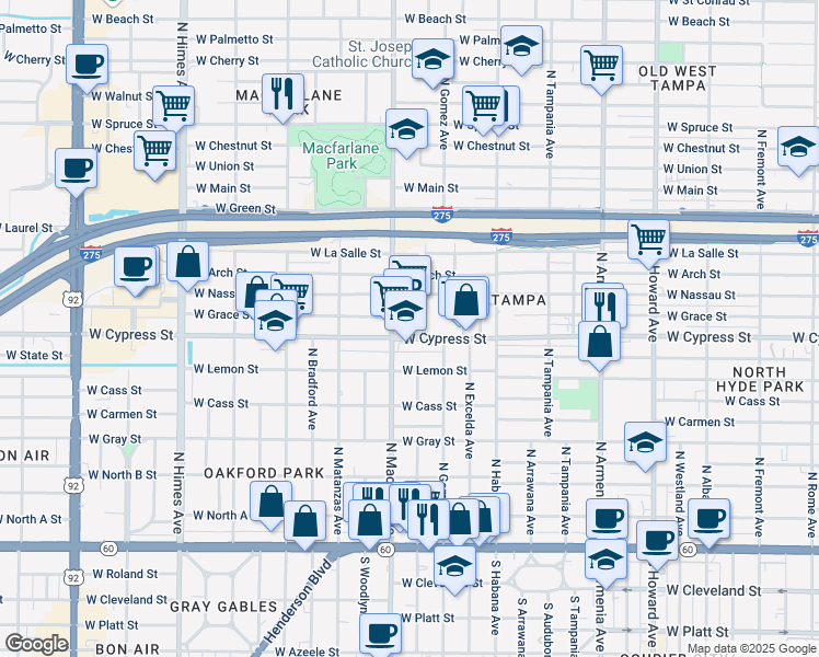 map of restaurants, bars, coffee shops, grocery stores, and more near 1001 North Macdill Avenue in Tampa