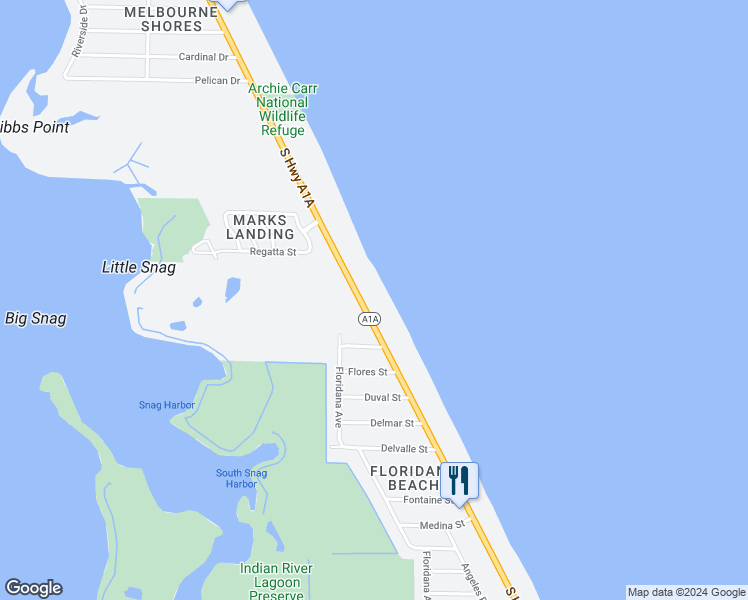 map of restaurants, bars, coffee shops, grocery stores, and more near 6345 South Highway A1A in Melbourne Beach