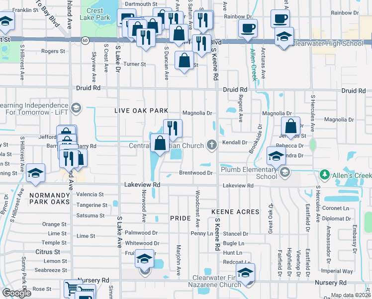 map of restaurants, bars, coffee shops, grocery stores, and more near 1115 Woodside Avenue in Clearwater