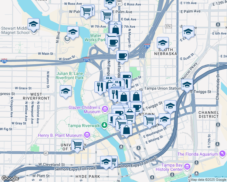 map of restaurants, bars, coffee shops, grocery stores, and more near 1002 North Franklin Street in Tampa