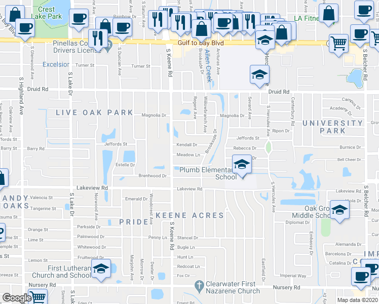 map of restaurants, bars, coffee shops, grocery stores, and more near 1824 Meadow Lane in Clearwater