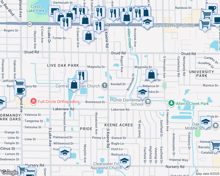 map of restaurants, bars, coffee shops, grocery stores, and more near 1223 South Keene Road in Clearwater