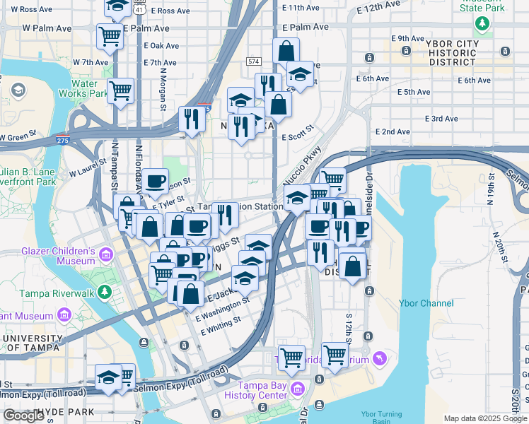 map of restaurants, bars, coffee shops, grocery stores, and more near 856 East Zack Street in Tampa
