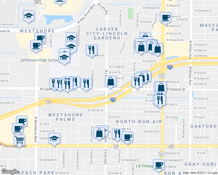 map of restaurants, bars, coffee shops, grocery stores, and more near 4155 West Cypress Street in Tampa
