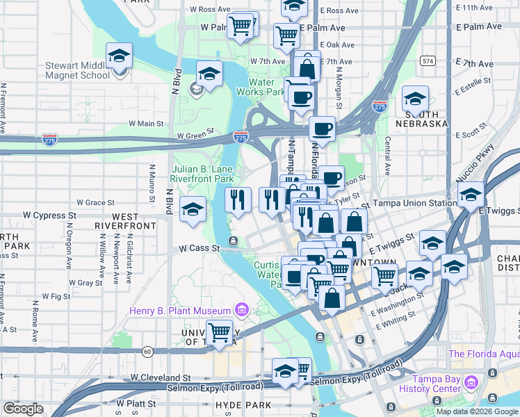 map of restaurants, bars, coffee shops, grocery stores, and more near 1000 North Ashley Drive in Tampa