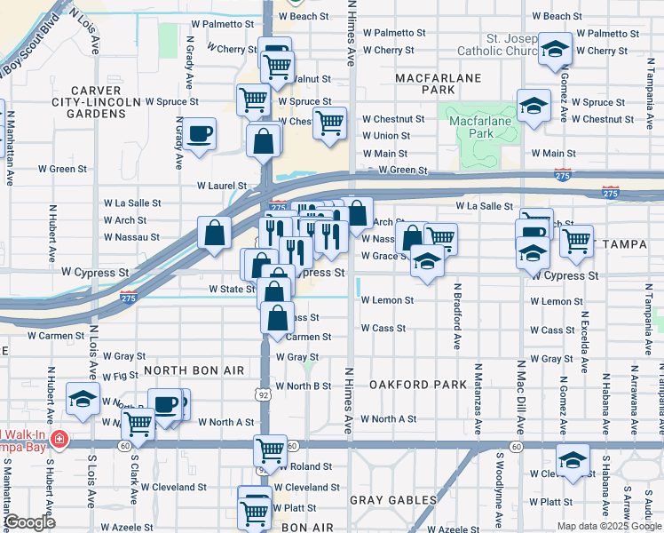 map of restaurants, bars, coffee shops, grocery stores, and more near 3629 West Cypress Street in Tampa