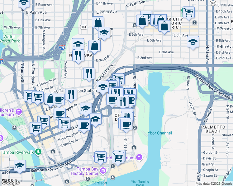 map of restaurants, bars, coffee shops, grocery stores, and more near 1126 East Twiggs Street in Tampa