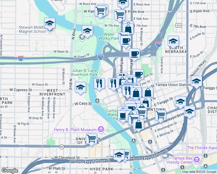 map of restaurants, bars, coffee shops, grocery stores, and more near 1000 North Ashley Drive in Tampa