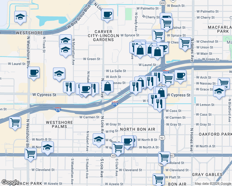 map of restaurants, bars, coffee shops, grocery stores, and more near 1002 North Clark Avenue in Tampa