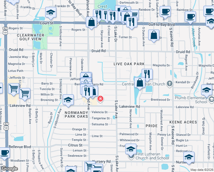 map of restaurants, bars, coffee shops, grocery stores, and more near 1551 Barry Road in Clearwater