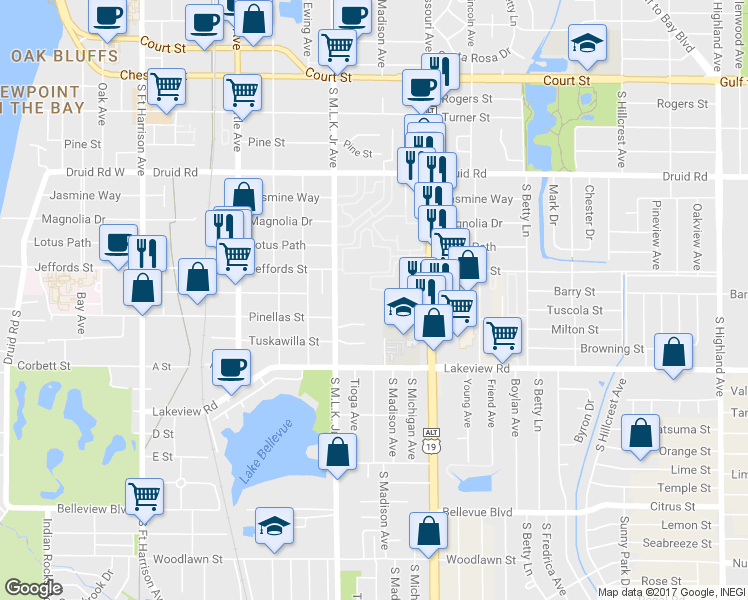 map of restaurants, bars, coffee shops, grocery stores, and more near 1234 South Missouri Avenue in Clearwater