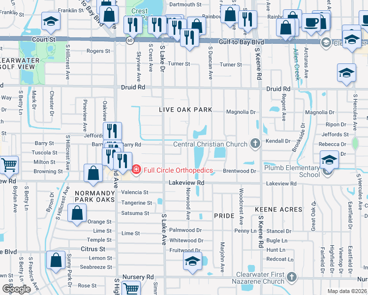 map of restaurants, bars, coffee shops, grocery stores, and more near 1182 Norwood Avenue in Clearwater