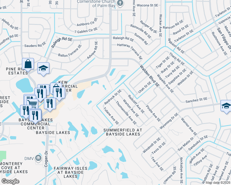 map of restaurants, bars, coffee shops, grocery stores, and more near 877 Redrock Street Southeast in Palm Bay