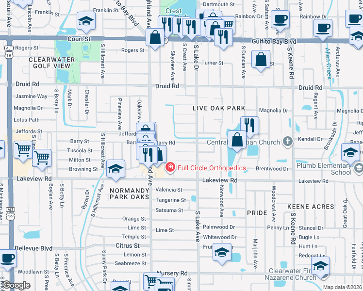 map of restaurants, bars, coffee shops, grocery stores, and more near 1551 Barry Road in Clearwater