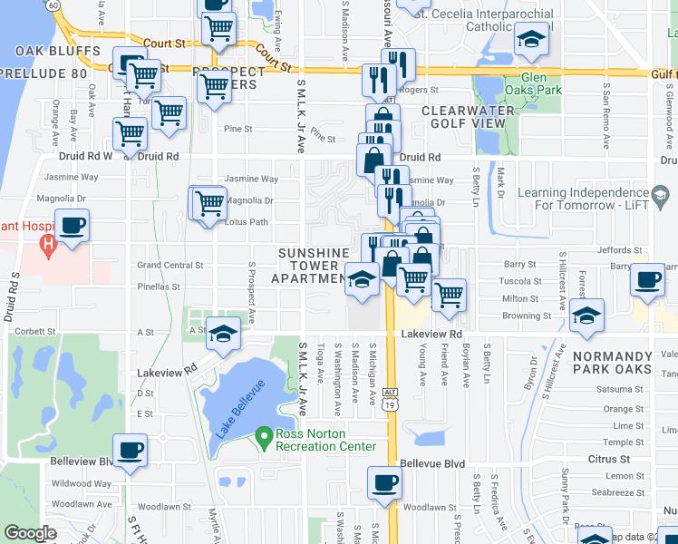 map of restaurants, bars, coffee shops, grocery stores, and more near 1234 South Missouri Avenue in Clearwater