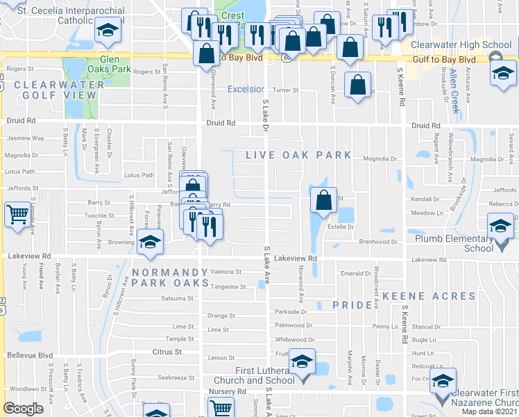 map of restaurants, bars, coffee shops, grocery stores, and more near 1581 Barry Road in Clearwater