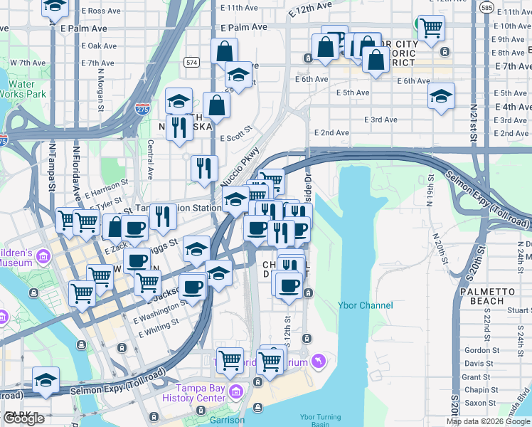 map of restaurants, bars, coffee shops, grocery stores, and more near 1126 East Twiggs Street in Tampa