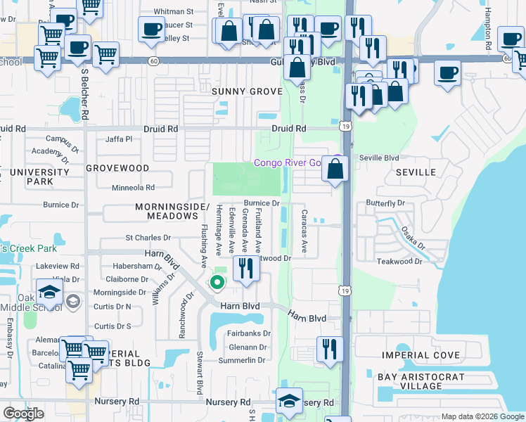 map of restaurants, bars, coffee shops, grocery stores, and more near 1217 Fruitland Avenue in Clearwater